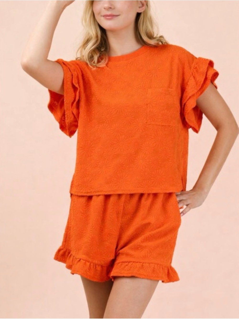 Women’s Orange Ruffle Sleeve Tee and Shorts Set with Floral Design